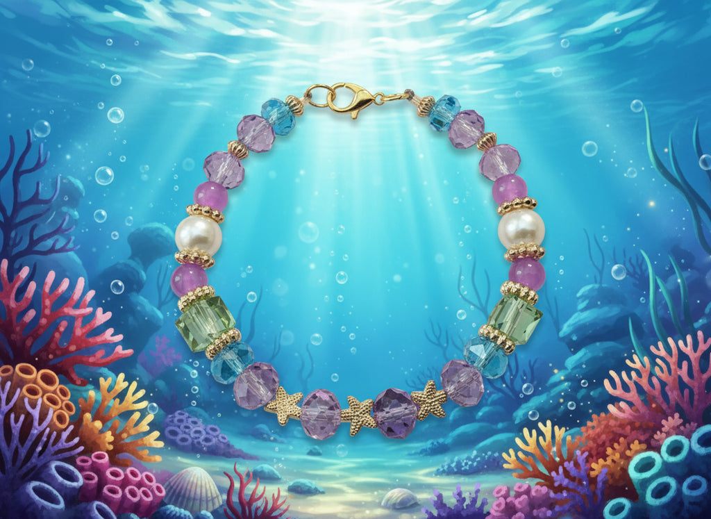 Multicolored beaded bracelet with gold accents on a black background