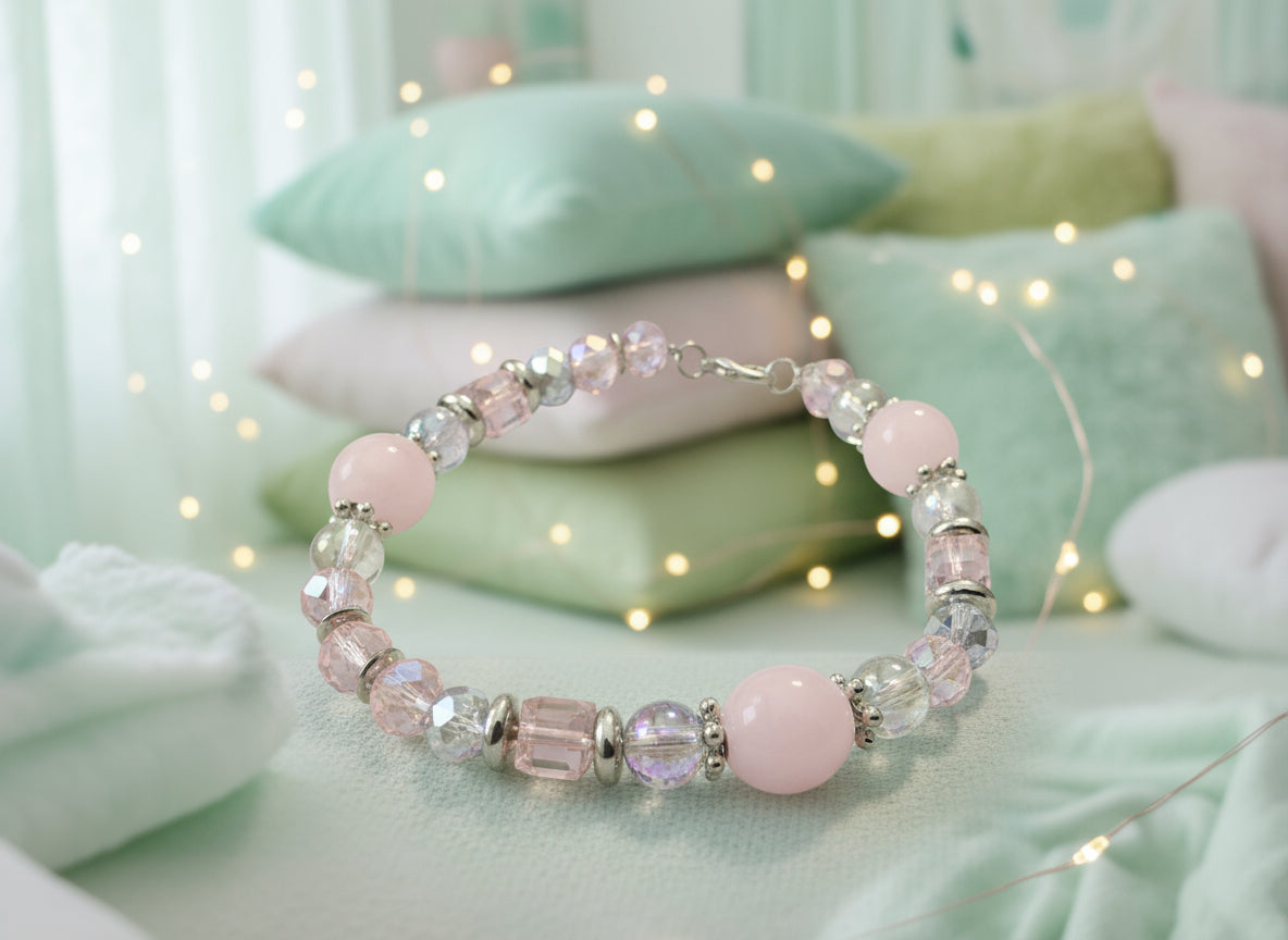 Beaded bracelet with pink and clear beads on a dark background