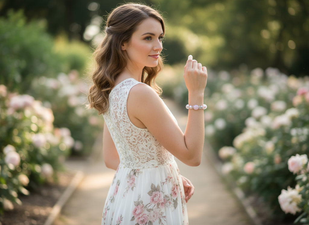 Beaded bracelet with pink and clear beads on a dark background
