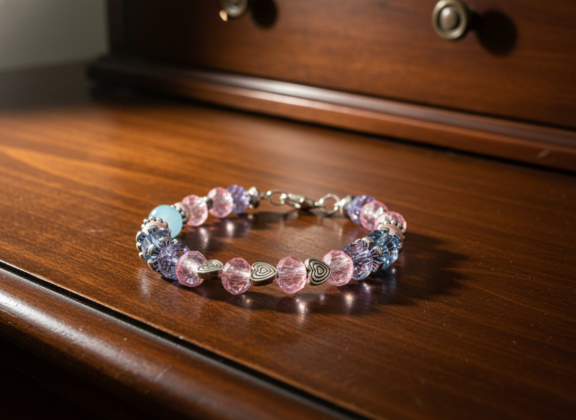 Bracelet with pastel-colored beads and heart-shaped charms on a dark fabric background