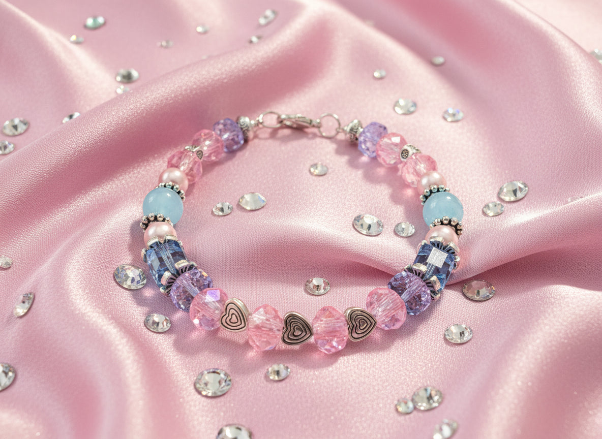 Multicolored beaded bracelet on a dark fabric background