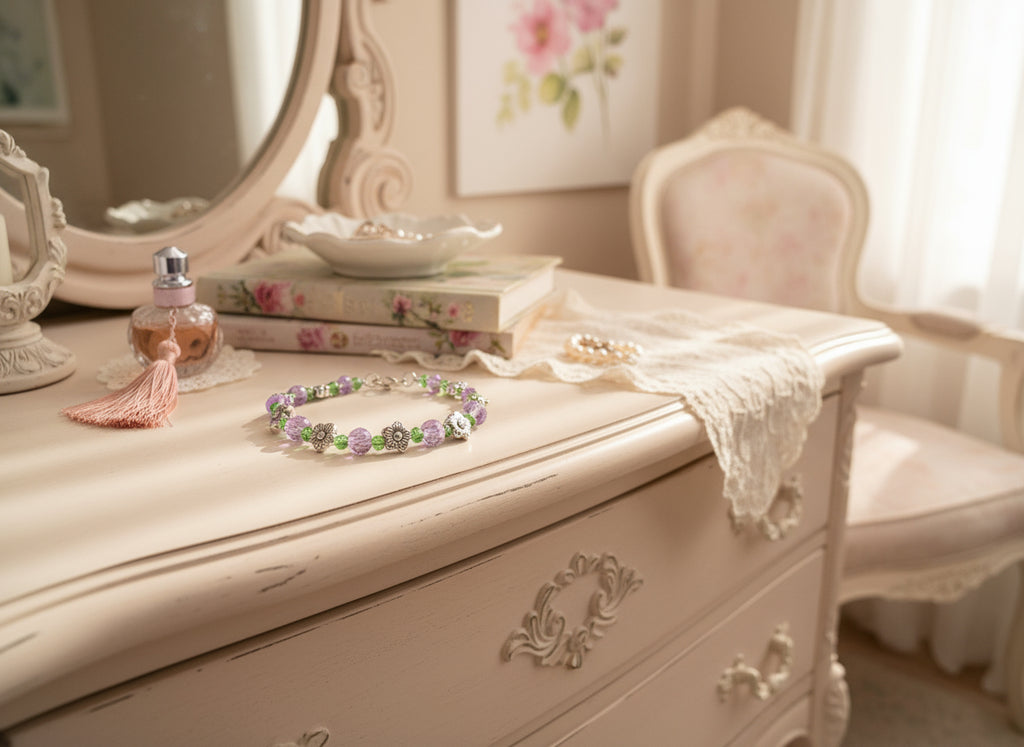 Bracelet with purple and green beads on a dark background