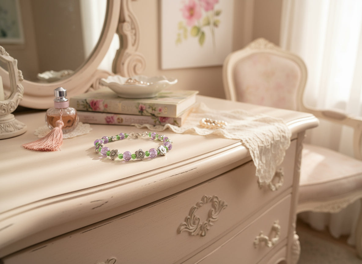 Bracelet with purple and green beads on a dark background