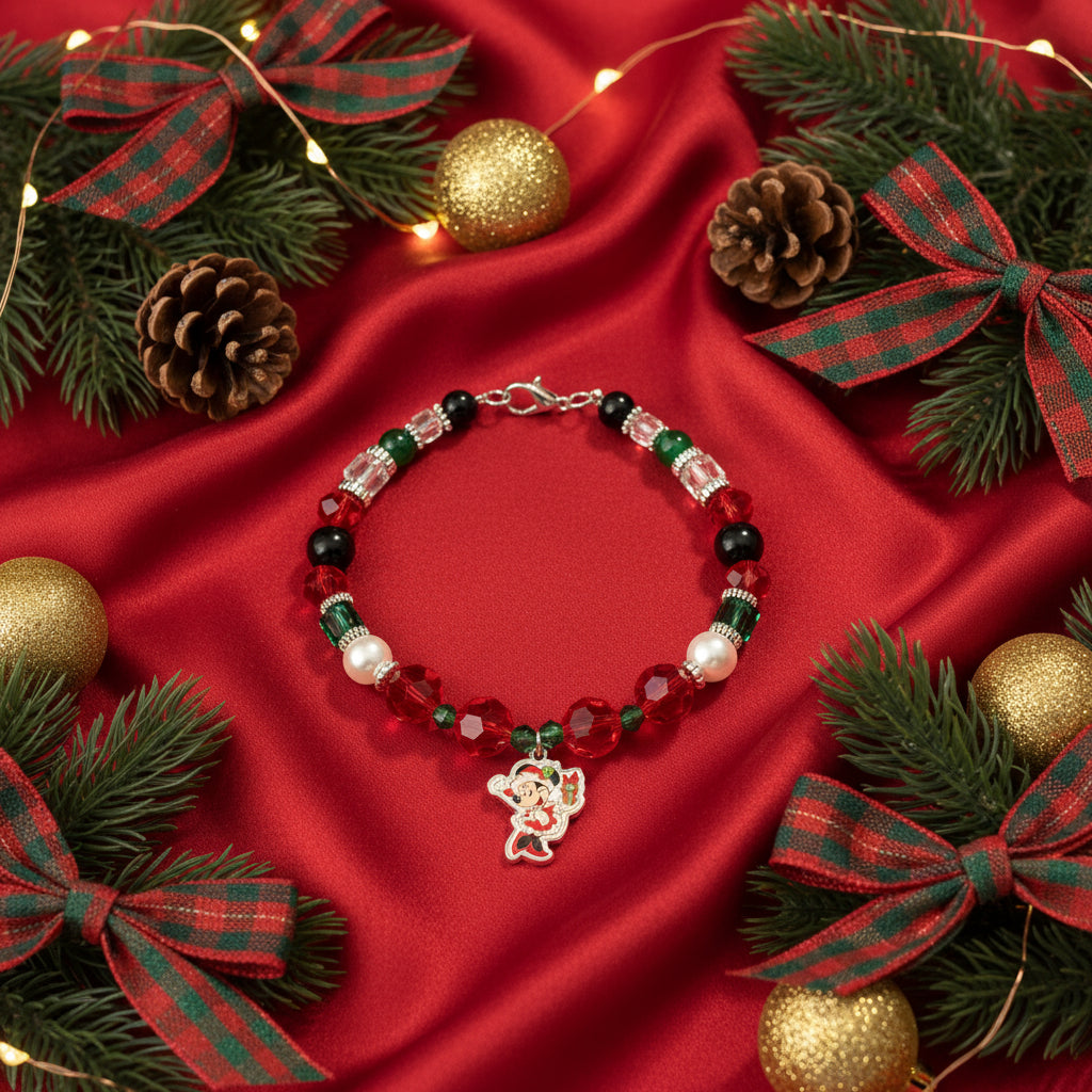 Beaded bracelet with a charm on a black background