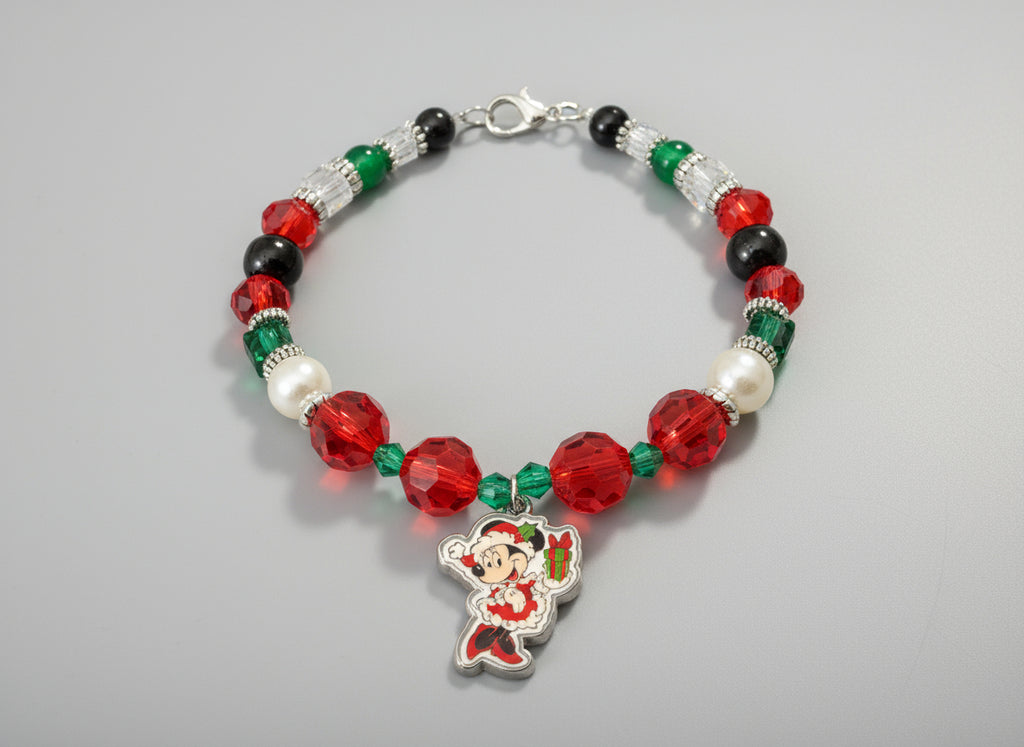 Beaded bracelet with a character charm on a dark background