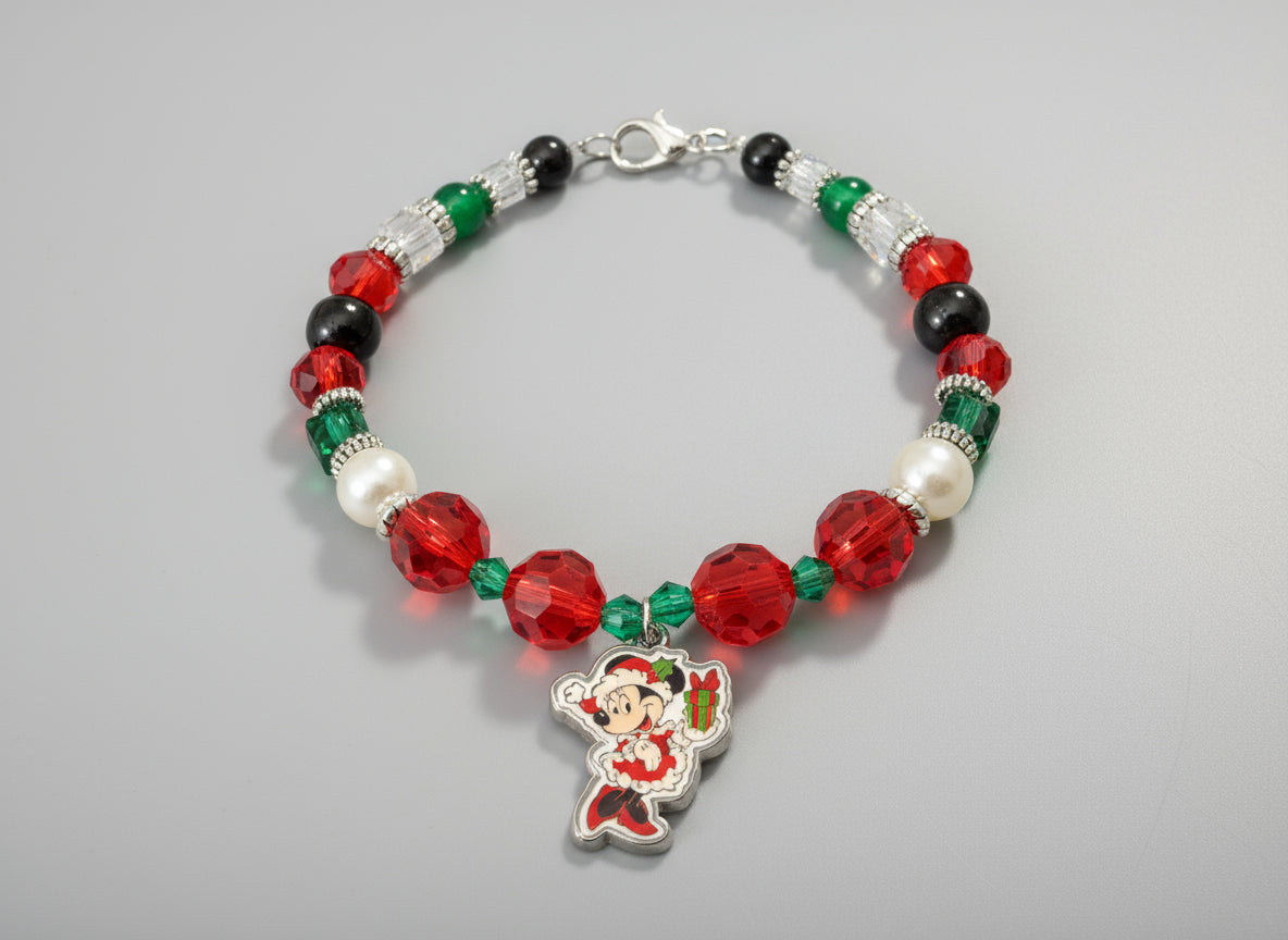 Beaded bracelet with a character charm on a dark background