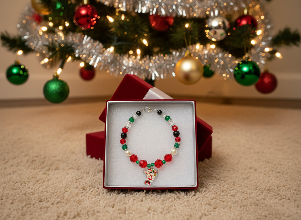 Beaded bracelet with a character charm on a black background