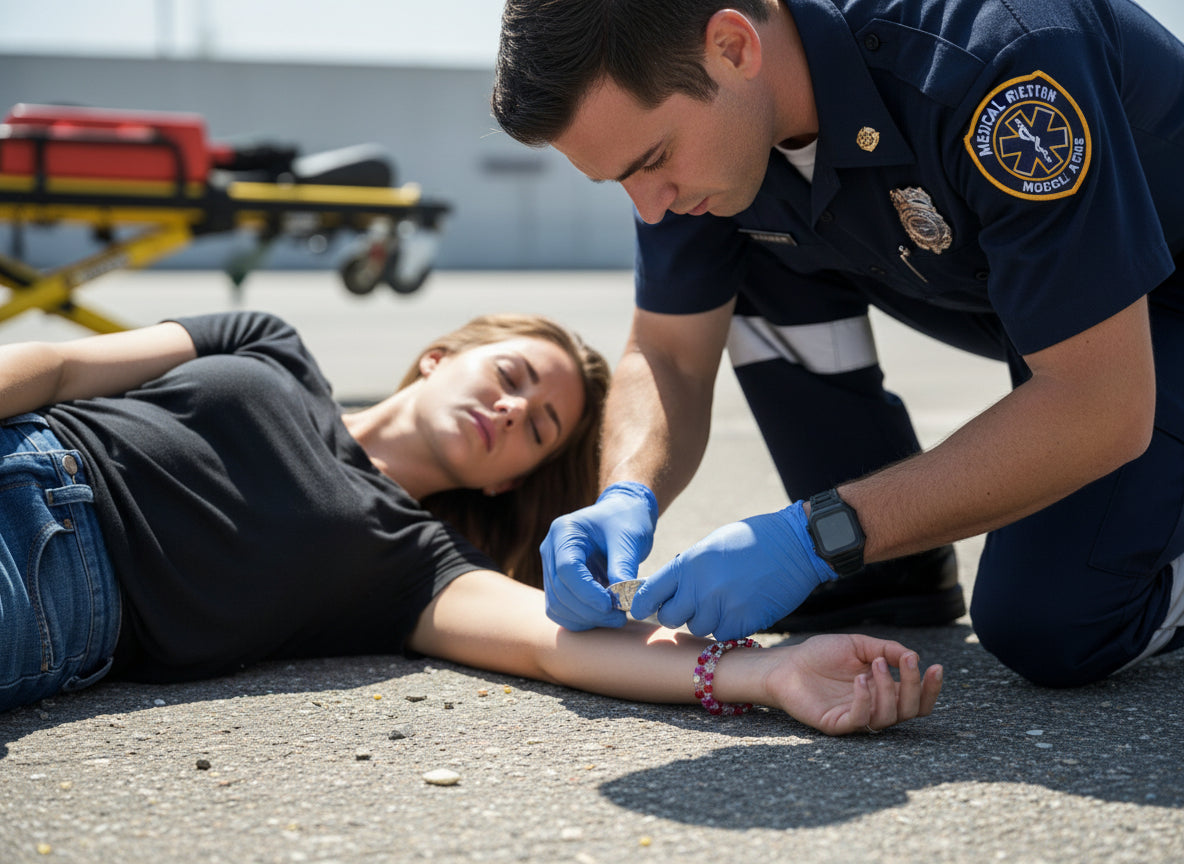 Beaded bracelet with a silver medical ID tag on a black background