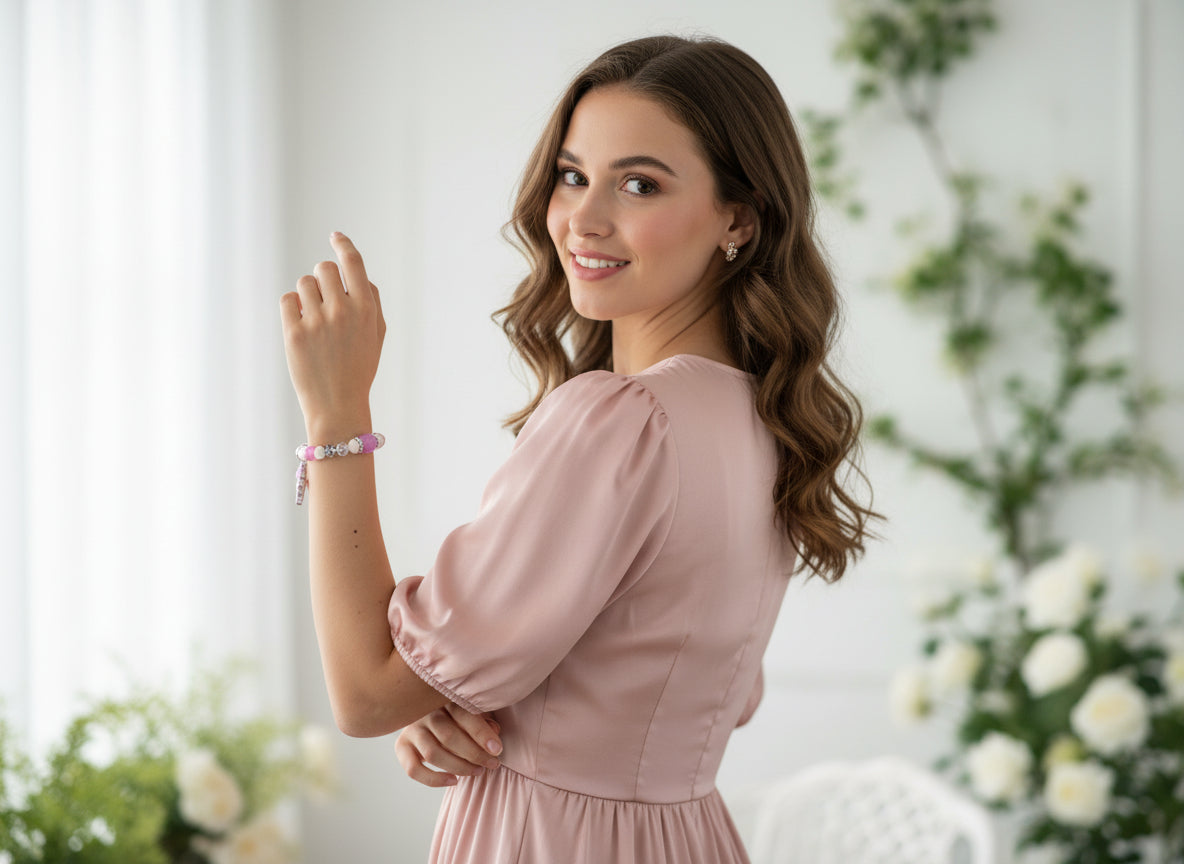 Beaded bracelet with pink and white beads and a teddy bear charm on a black background