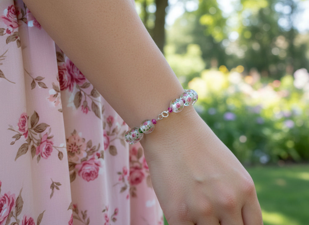 Bracelet with floral glass beads on a black background