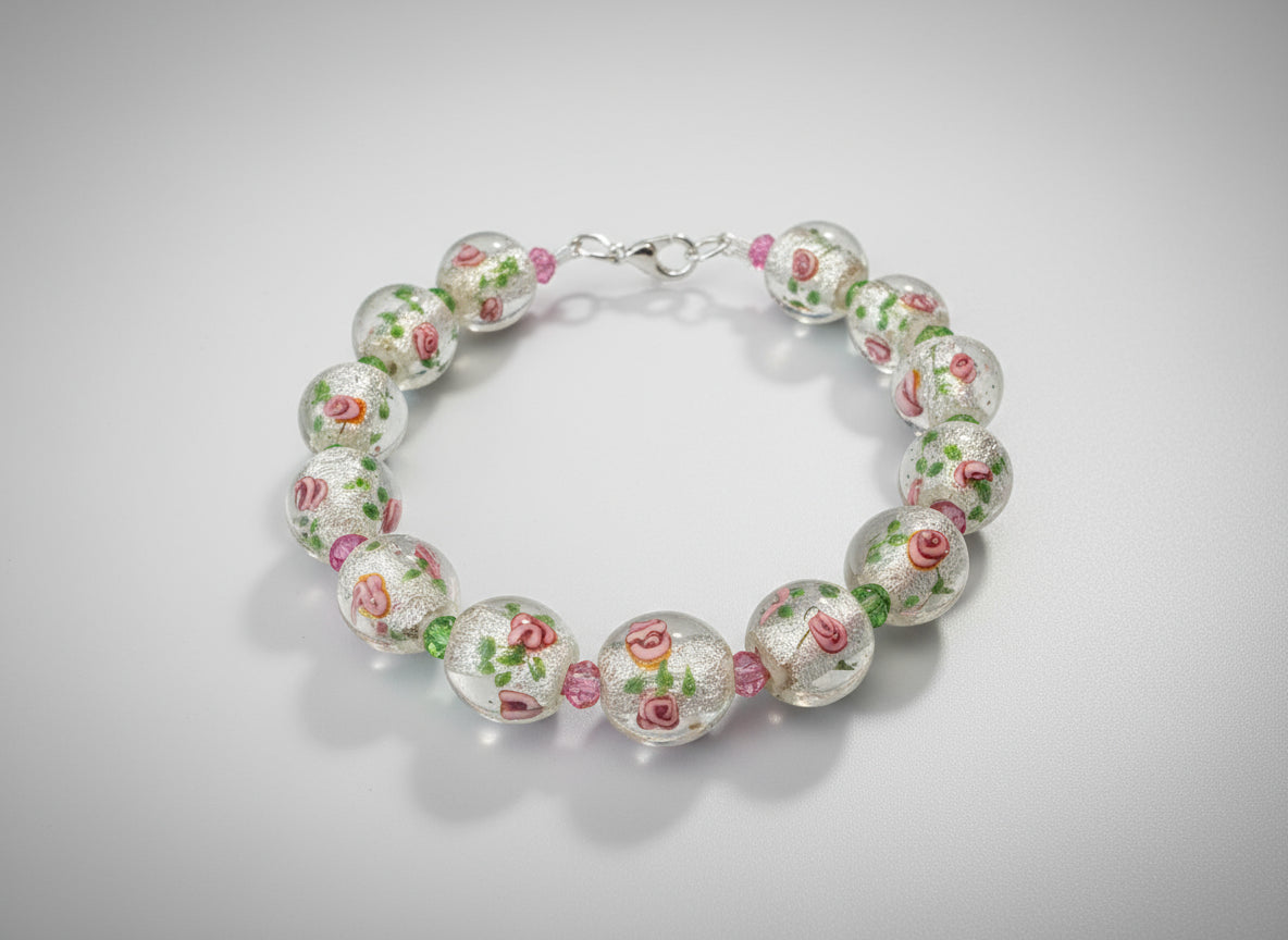 Bracelet with floral glass beads on a black background
