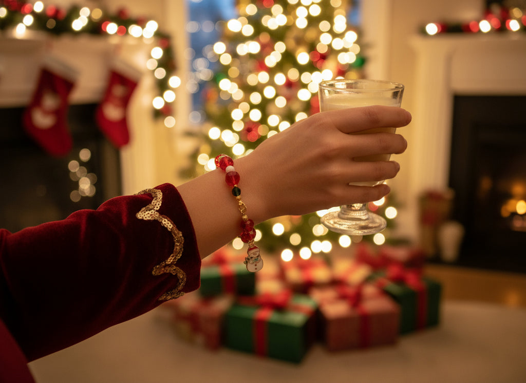 Bracelet with red beads and a snowman charm on a dark background