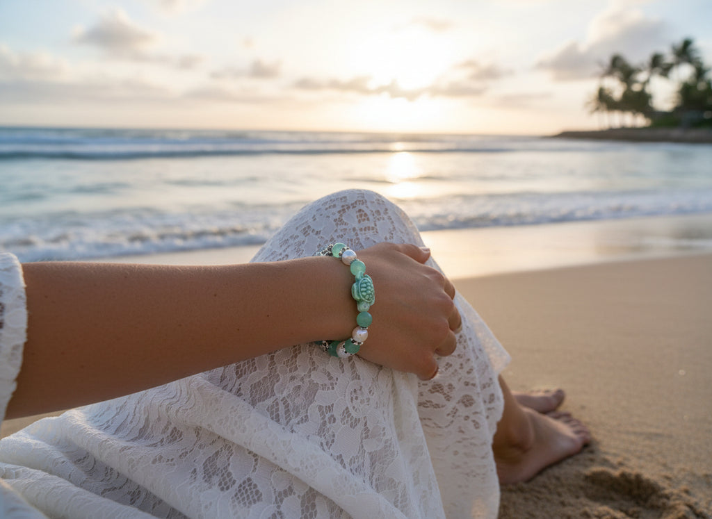 Beaded bracelet with green and white beads on a black background