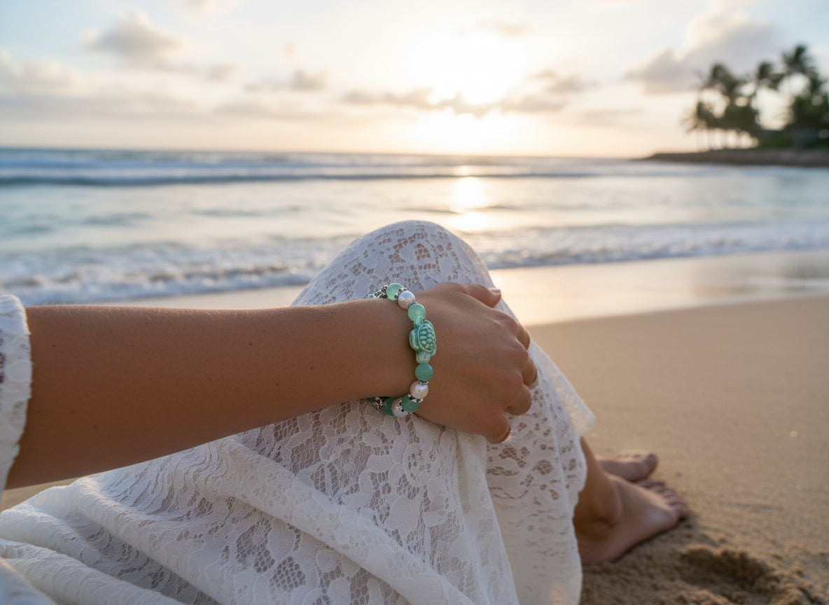 Beaded bracelet with green and white beads on a black background