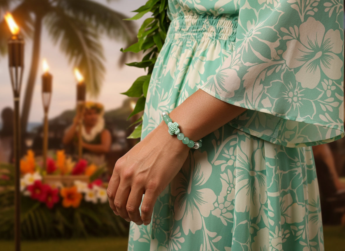 Bracelet with green and pink beads and a turtle charm on a dark background