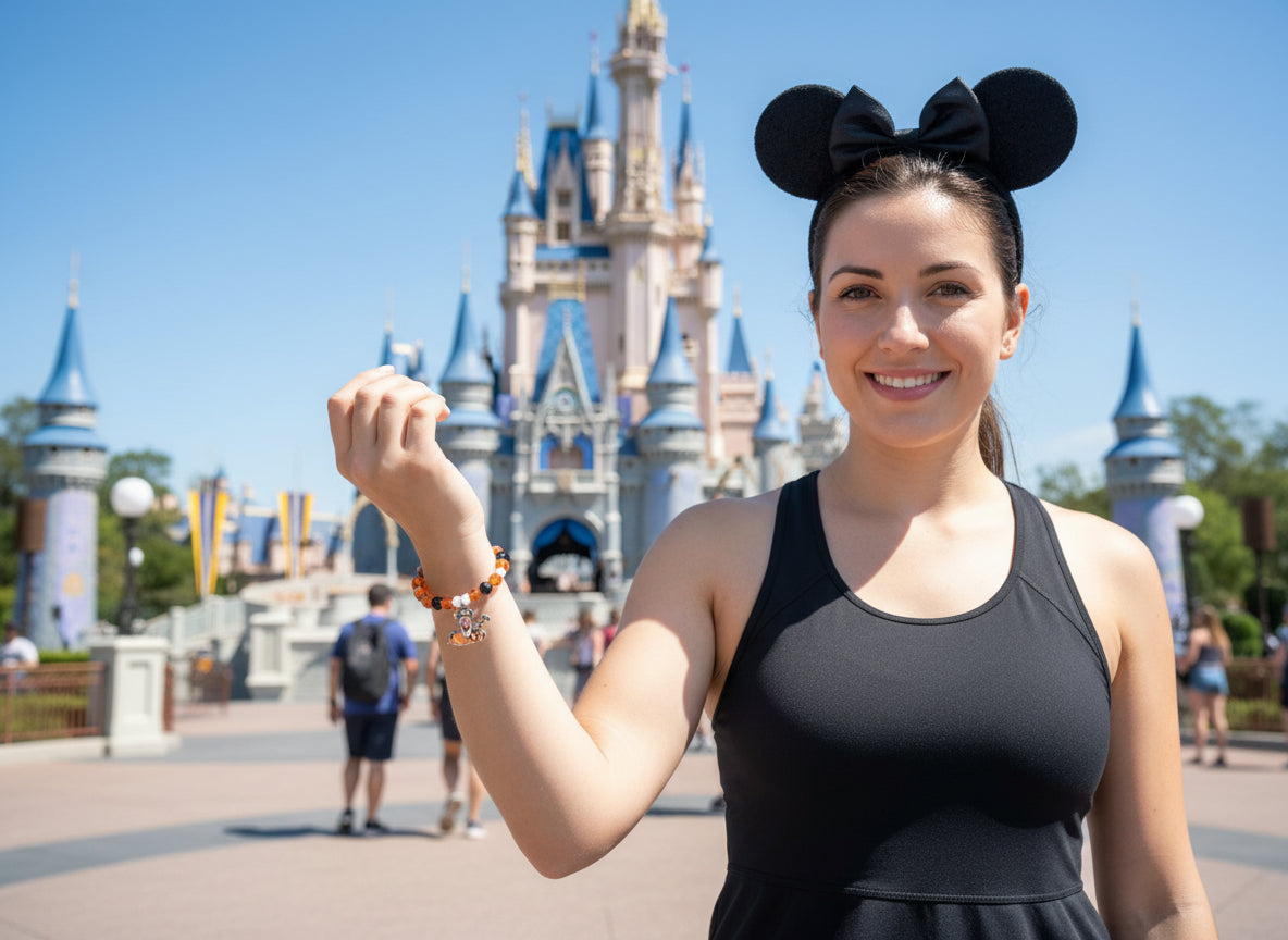 Beaded bracelet with a small charm on a dark textured surface