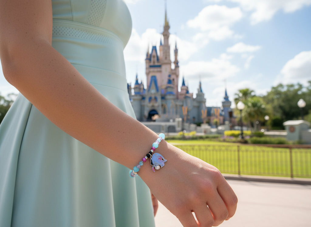 Multicolored beaded bracelet with a charm on a dark brown background