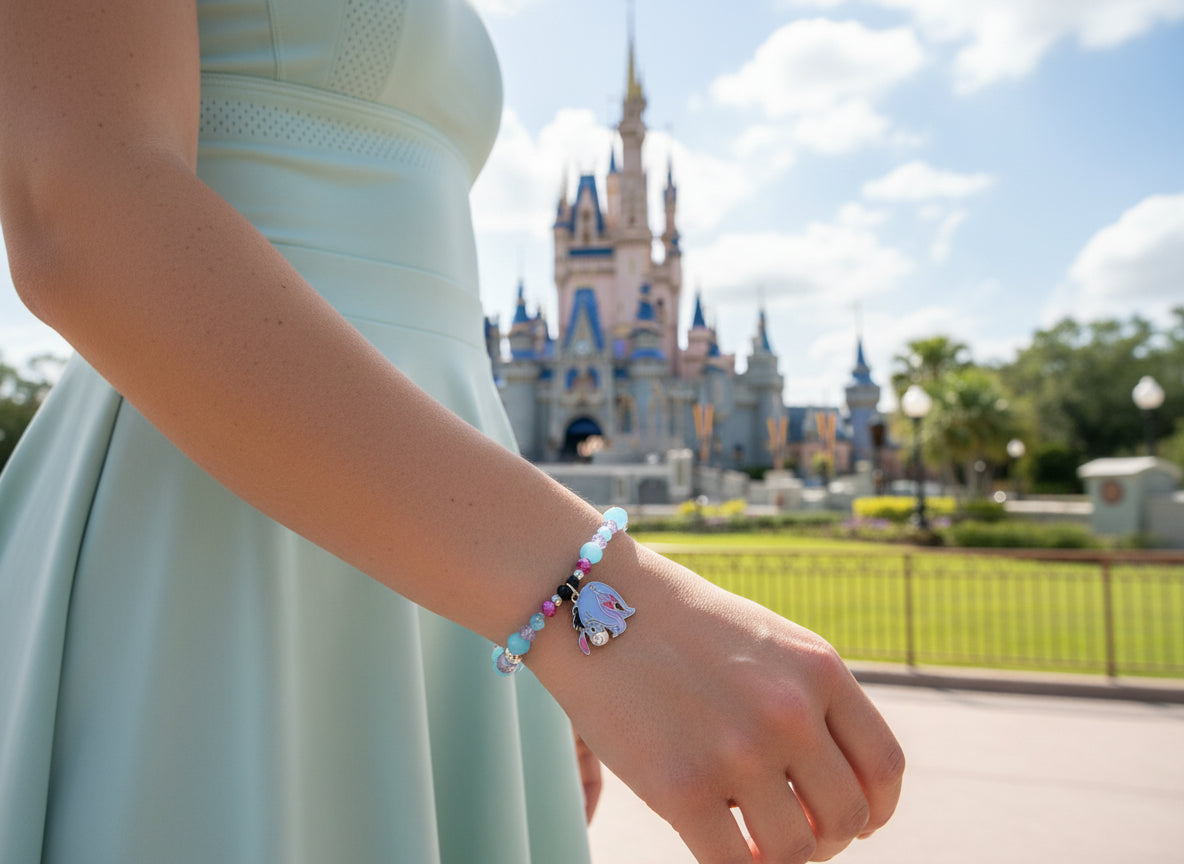 Multicolored beaded bracelet with a charm on a dark brown background