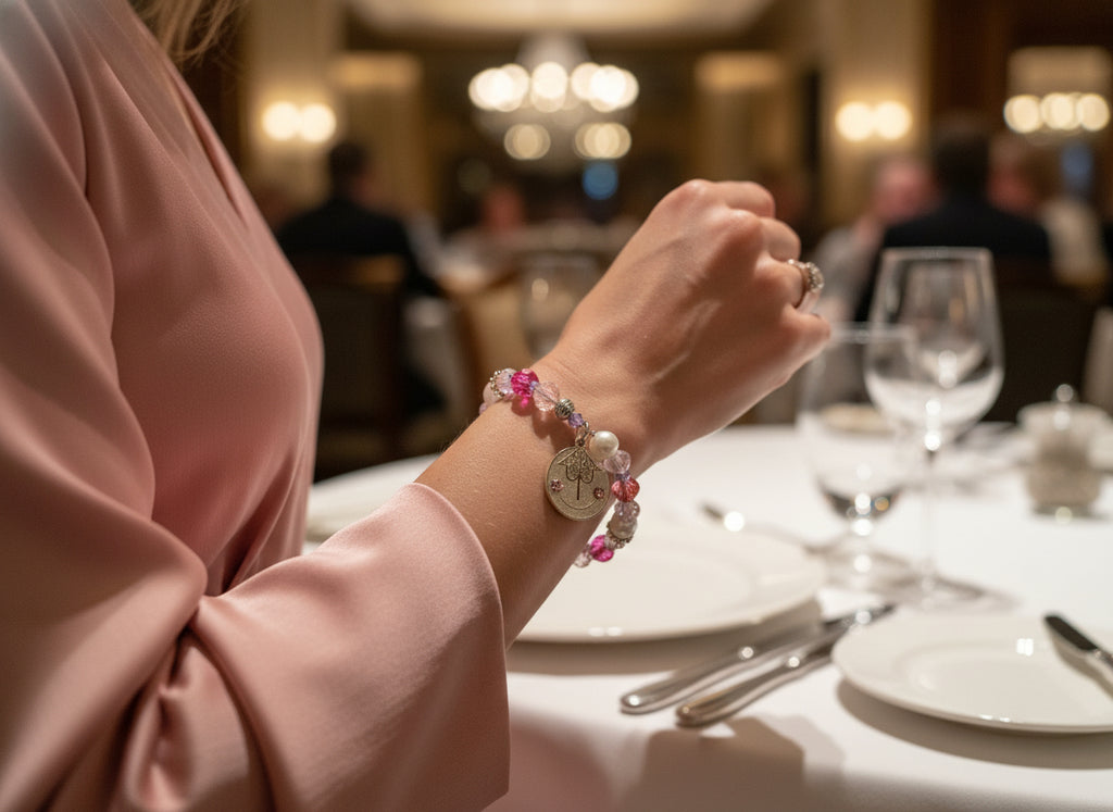 Multicolored beaded bracelet with a silver charm on a black background