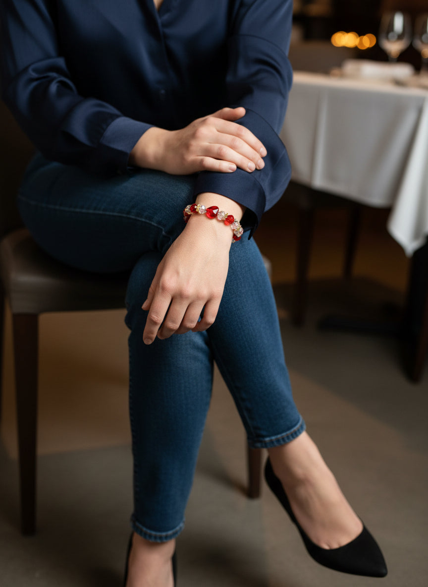 Beaded bracelet with red, clear, and gold beads on a dark background
