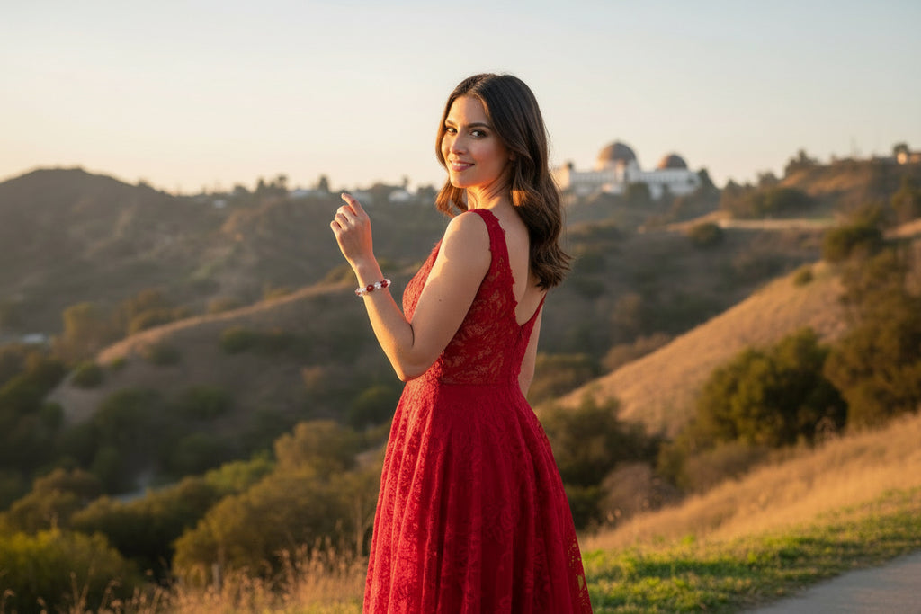 Bracelet with red and clear beads on a dark textured background