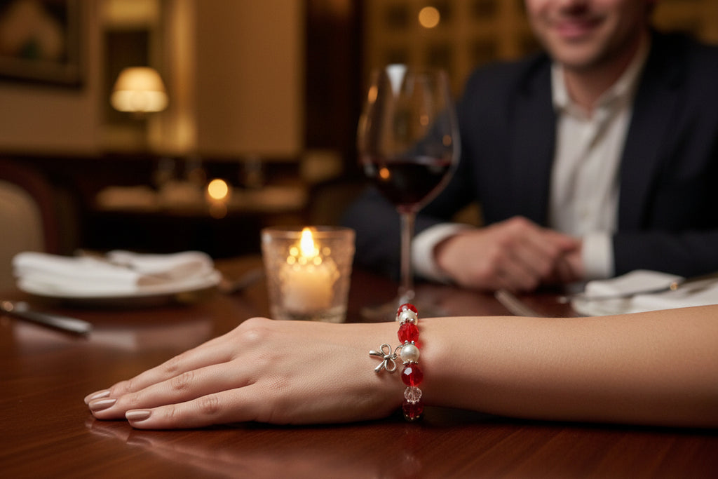 Beaded bracelet with red and white beads and a silver bow charm on a dark textured background