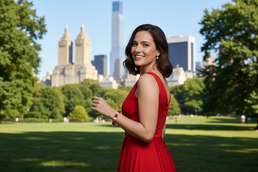 Bracelet with red and white beads and a silver bow charm on a dark background