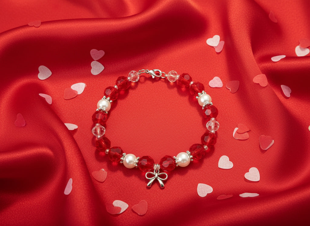 Bracelet with red and white beads on a dark background