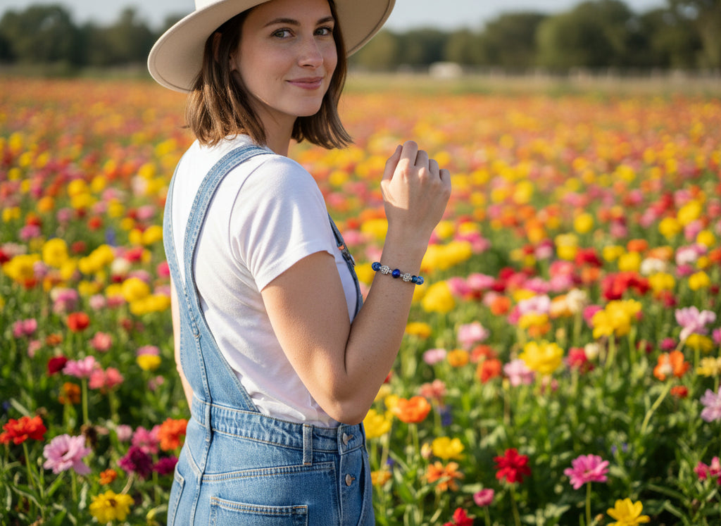 Blue beaded bracelet with silver charms on a dark surface