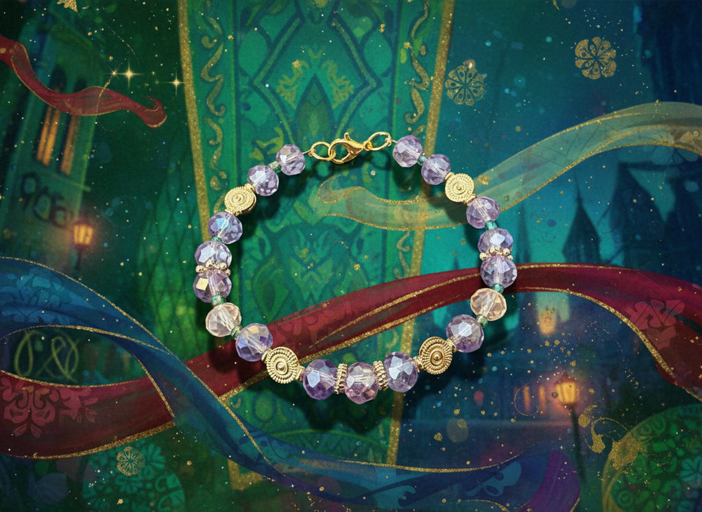 Bracelet with purple beads and gold accents on a dark background