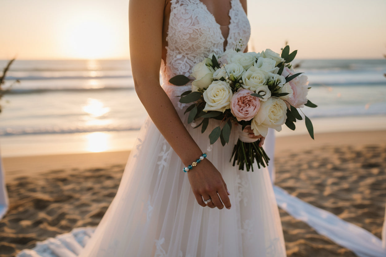 Beaded bracelet with blue and white beads on a dark background