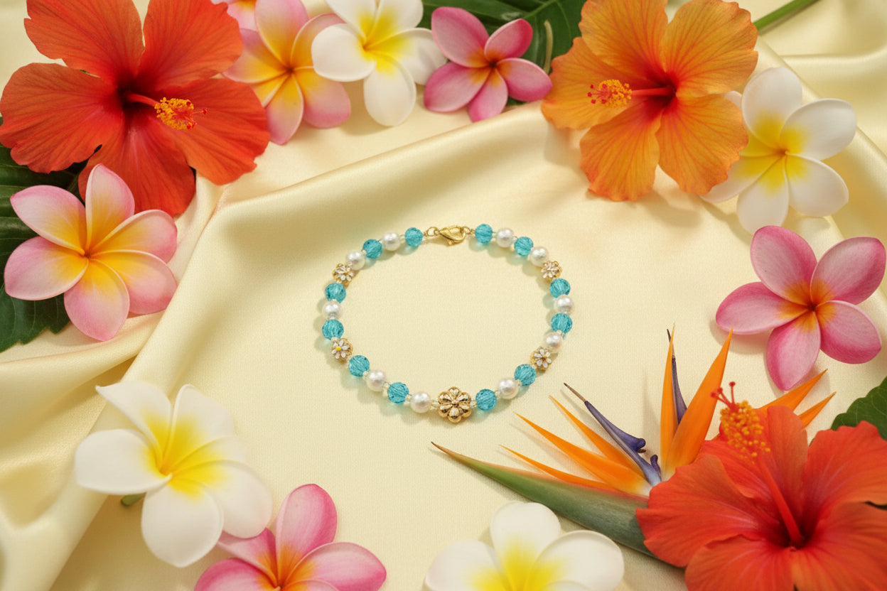 Beaded bracelet with blue and white beads on a dark background