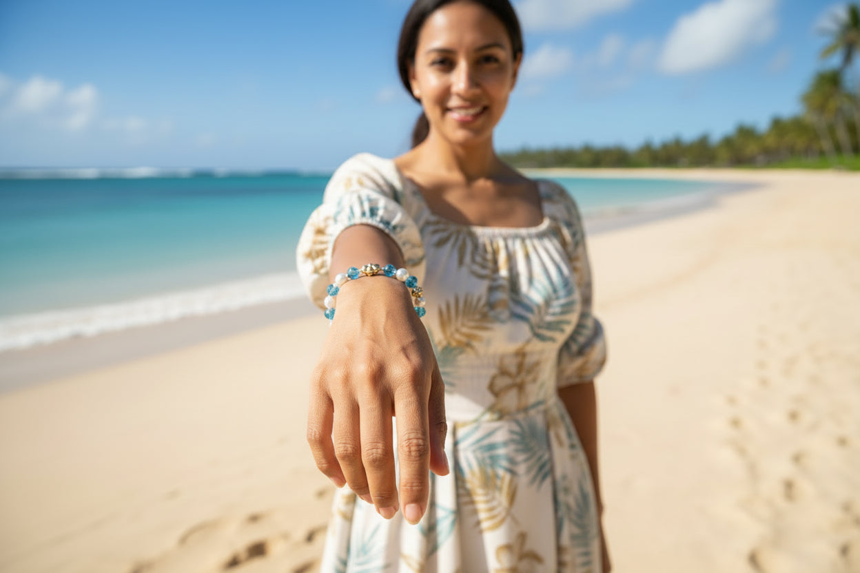 Beaded bracelet with blue and white beads on a dark background