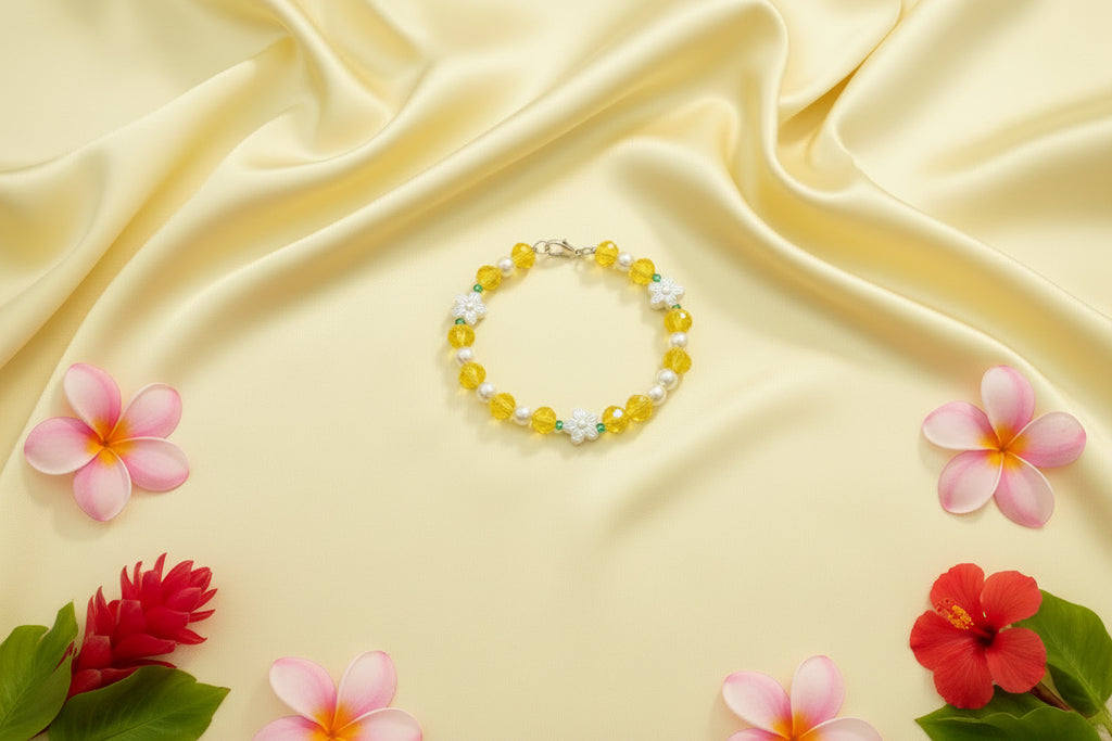 Bracelet with yellow and white beads on a dark textured background