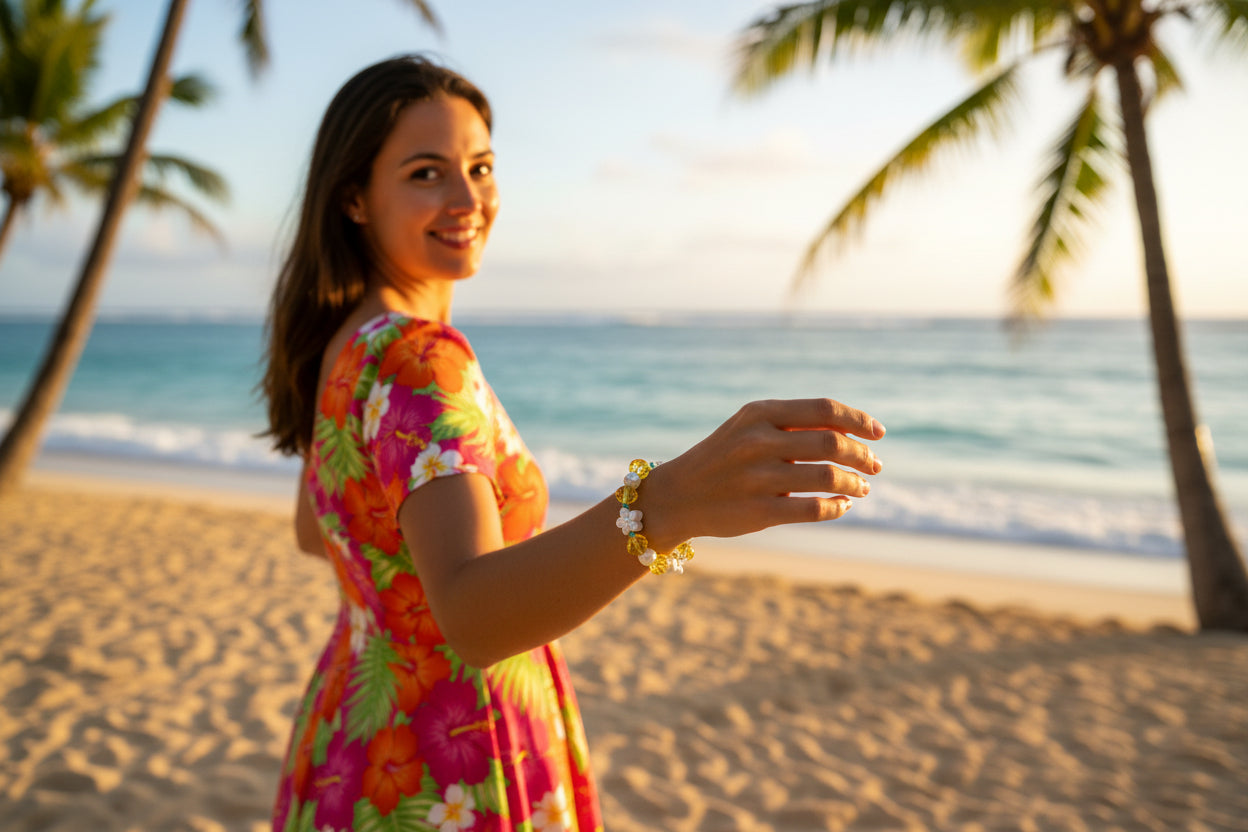Bracelet with yellow and white beads on a dark textured background