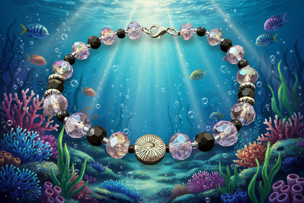 Bracelet with purple beads and gold accents on a dark fabric background