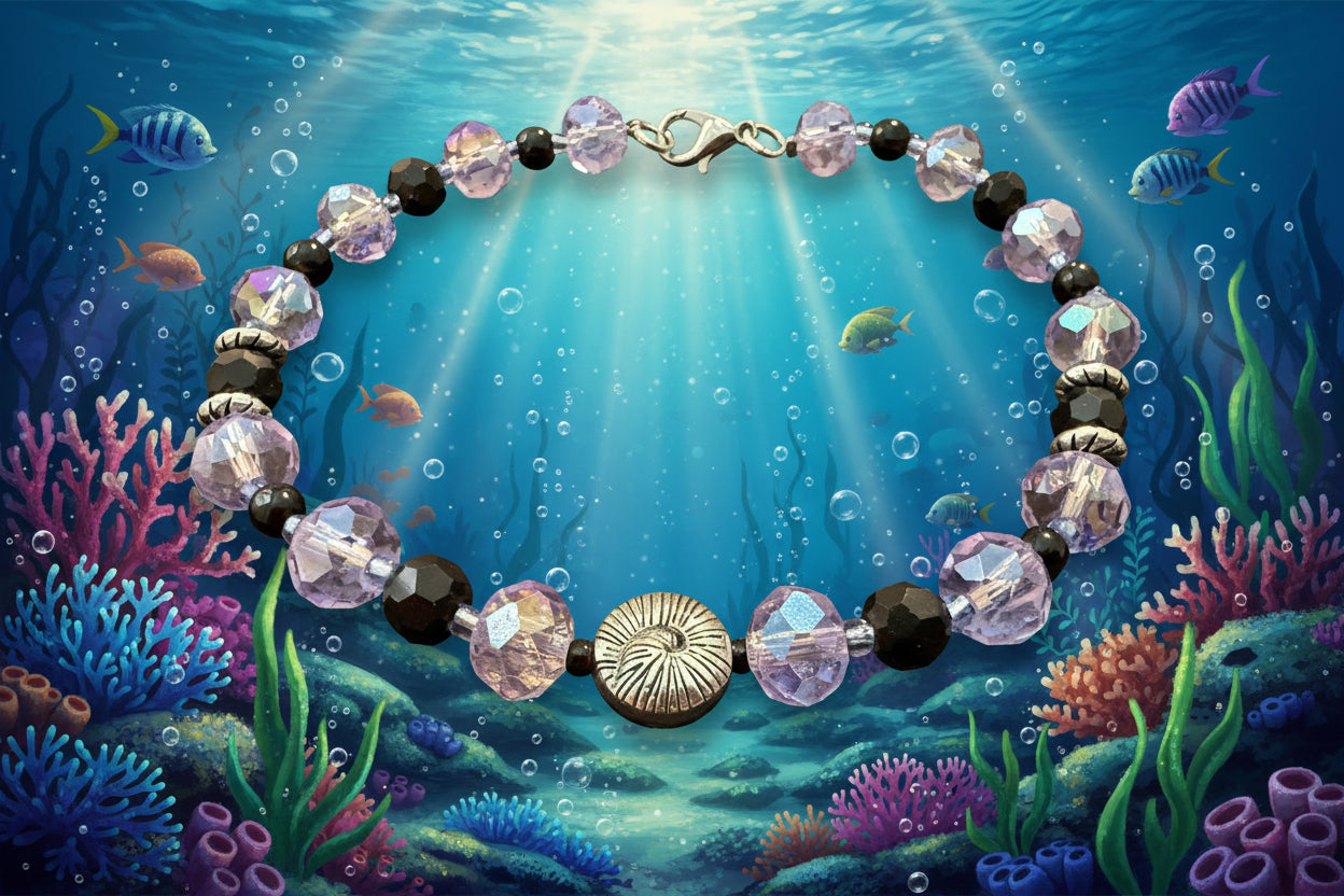 Bracelet with purple beads and gold accents on a dark fabric background