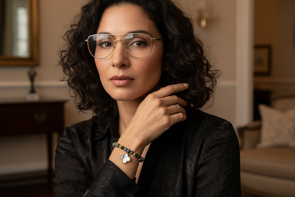 Beaded bracelet with a clover-shaped charm on a dark textured background