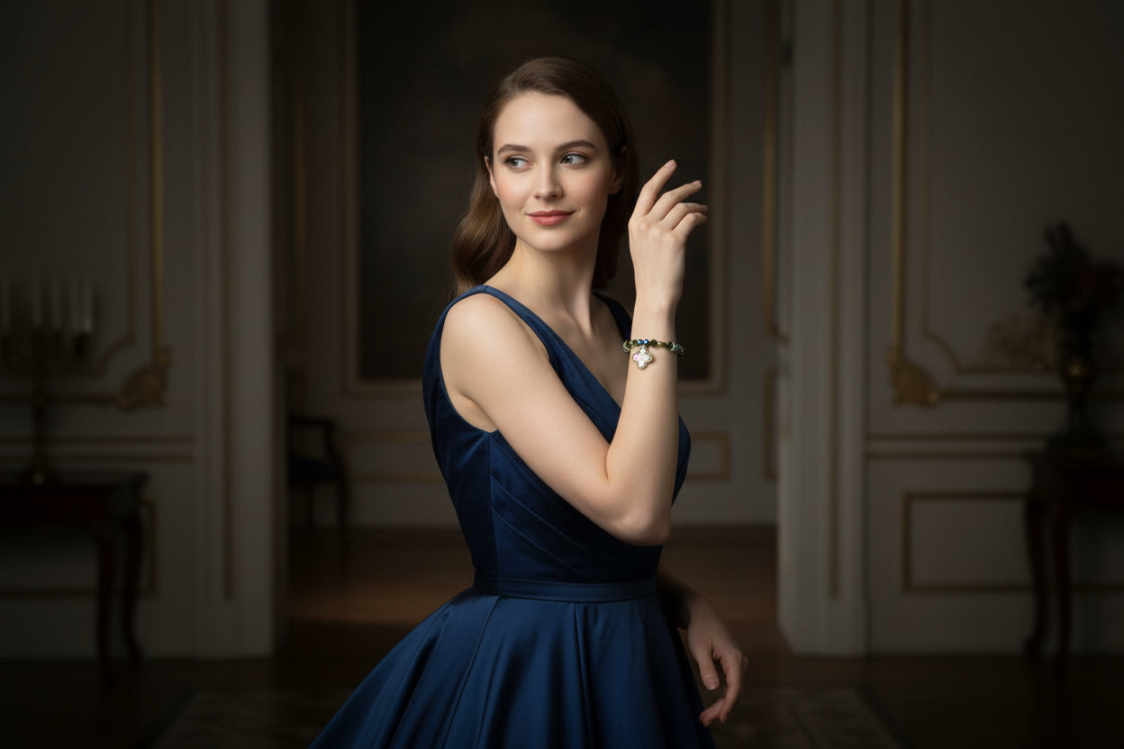 Beaded bracelet with a clover-shaped charm on a dark background