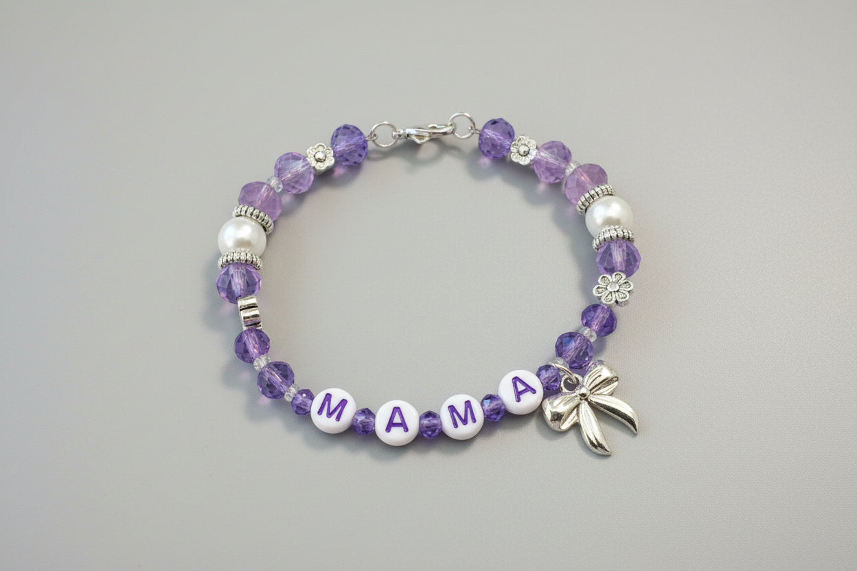 "Mama" Beaded Bow Charm Bracelet - Lavender