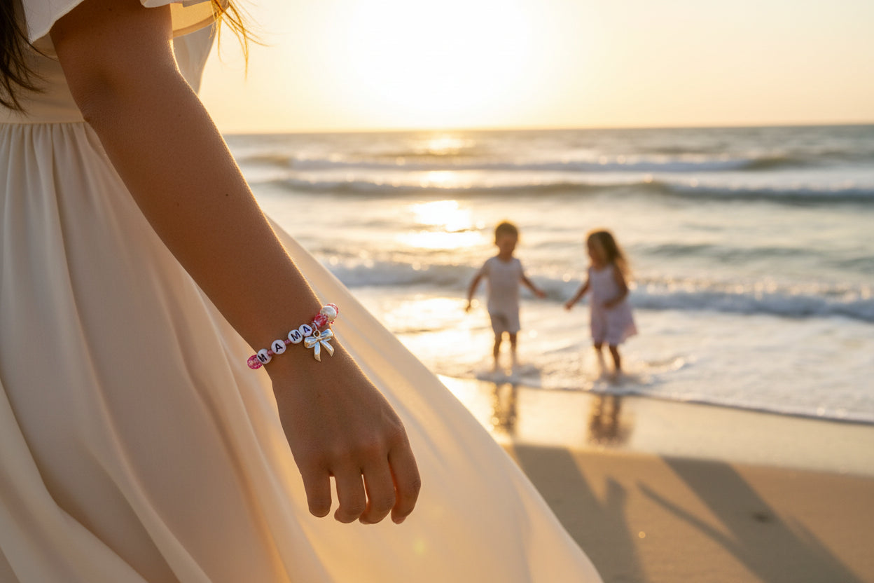 "Mama" Beaded Bow Charm Bracelet - Lavender