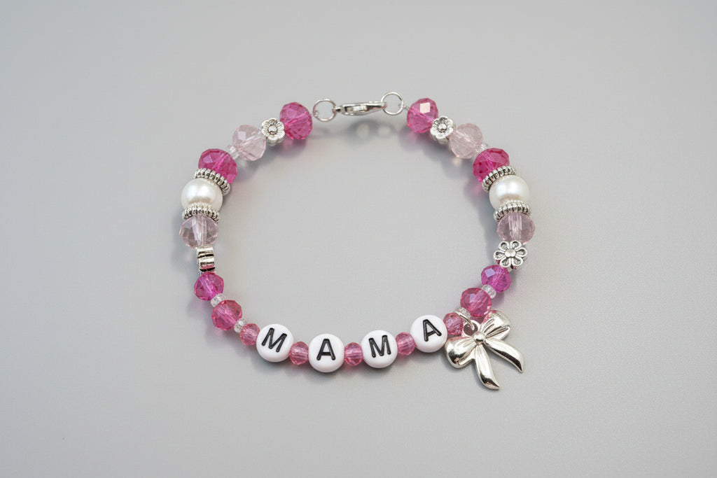 "Mama" Beaded Bow Charm Bracelet - Lavender