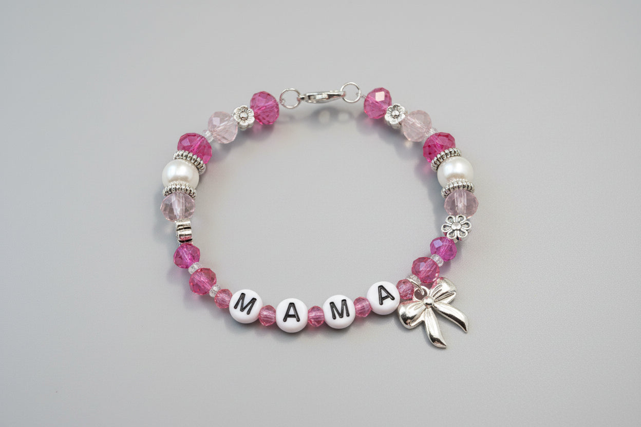 "Mama" Beaded Bow Charm Bracelet - Lavender