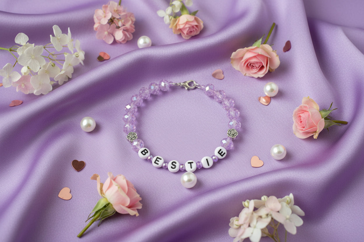 Bracelet with purple beads and letter beads spelling 'BESTIE' on a dark background