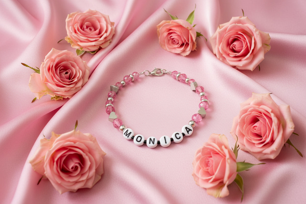 Bracelet with pink beads and letter beads spelling 'MONICA' on a dark surface