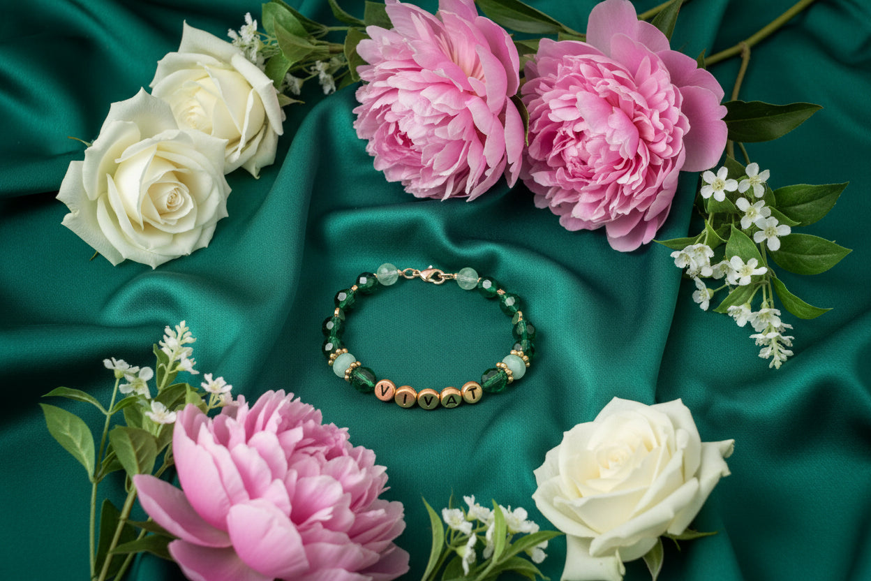 Bracelet with 'VIVAT' beads on a dark surface