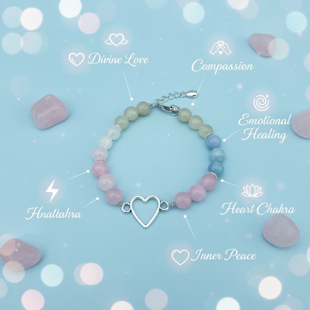 A beaded bracelet with alternating pastel pink, light green, white, and light blue beads, featuring a silver heart-shaped charm and clasp, displayed on a light wood grain background.