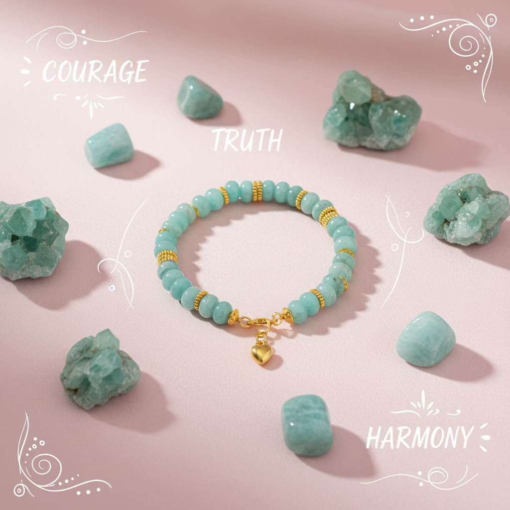 A beaded bracelet made of light aqua blue-green round beads separated by small gold spacer rings, with a gold clasp and dangling heart charm, displayed on a dark textured surface.