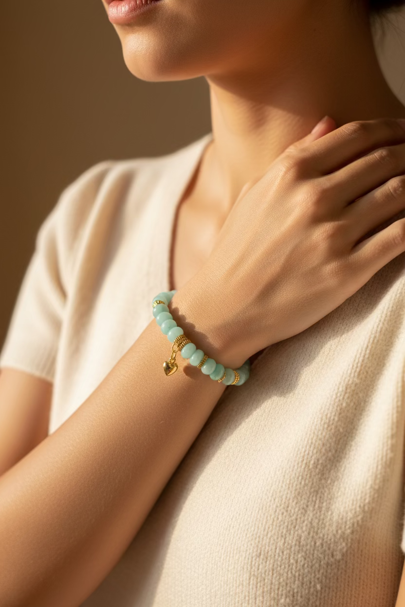 A beaded bracelet featuring light aqua blue-green round beads separated by small gold spacer rings, with a gold clasp and dangling heart charm, displayed on a dark textured background.