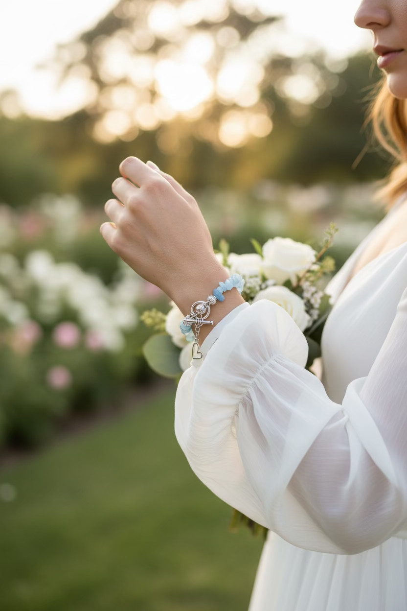 A beaded stretch bracelet made of light blue stone chips with a silver toggle clasp and dangling heart charm, displayed on a dark textured surface.